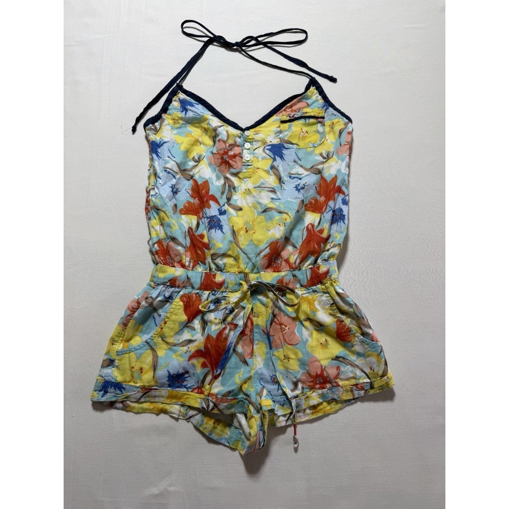 Y2K Hollister Romper Small Yellow Halter Neck Sleeveless Floral Summer Coquette